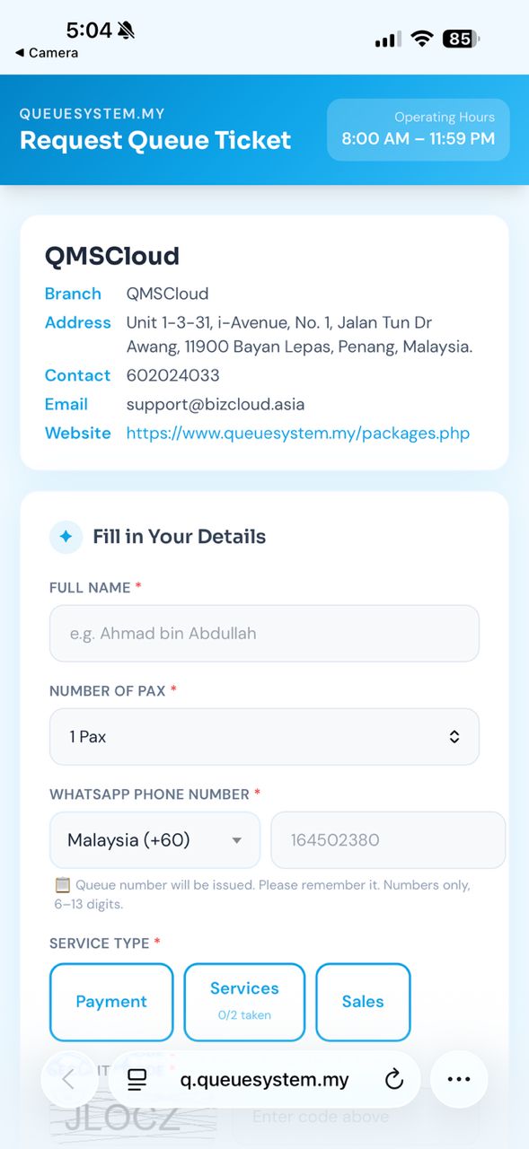 Queue request page — company name, service type buttons, name and pax fields