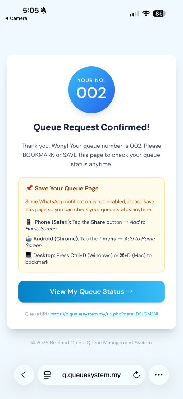 Queue number confirmed on screen after submitting the form