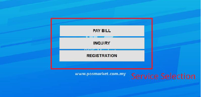 Ticket station screen showing three service buttons: Pay Bill, Inquiry and Registration