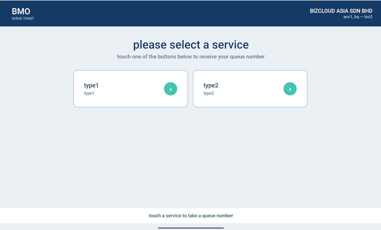 BMO App queue ticket generator on a tablet, showing please select a service with two service buttons